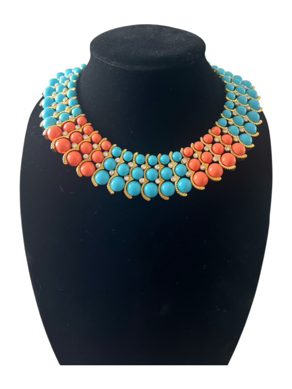 Two-Tone Turquoise and Coral Gold-Trim Collar Necklace - Women Jewelry